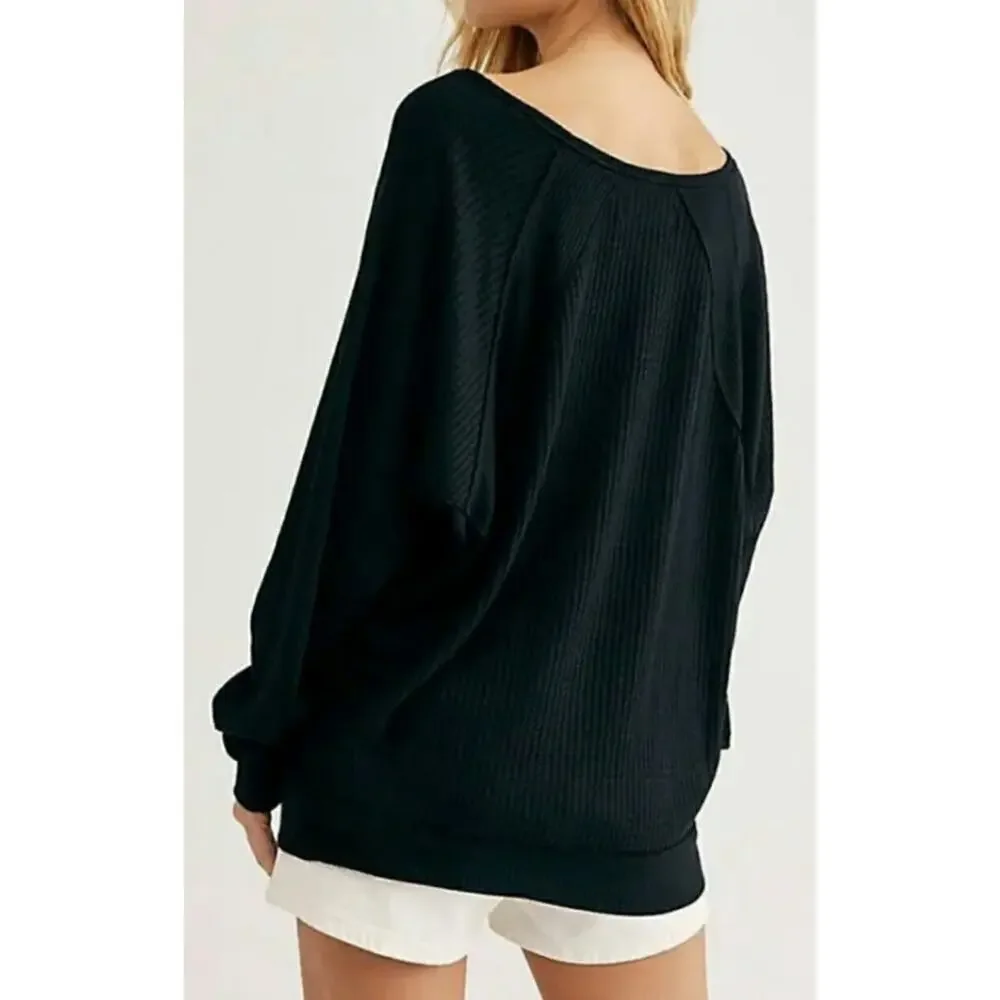 Free People Santa Clara Thermal Top Shirt Black Slouchy V-Neck L New - Picture 5 of 12